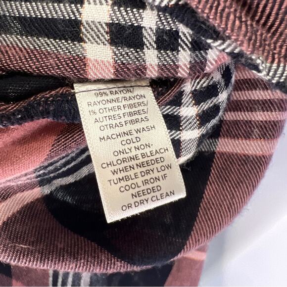 LOFT Shimmer Plaid Smocked Tie Neck Blouse Size S Pink Black Mock Tunic Length - Picture 10 of 12